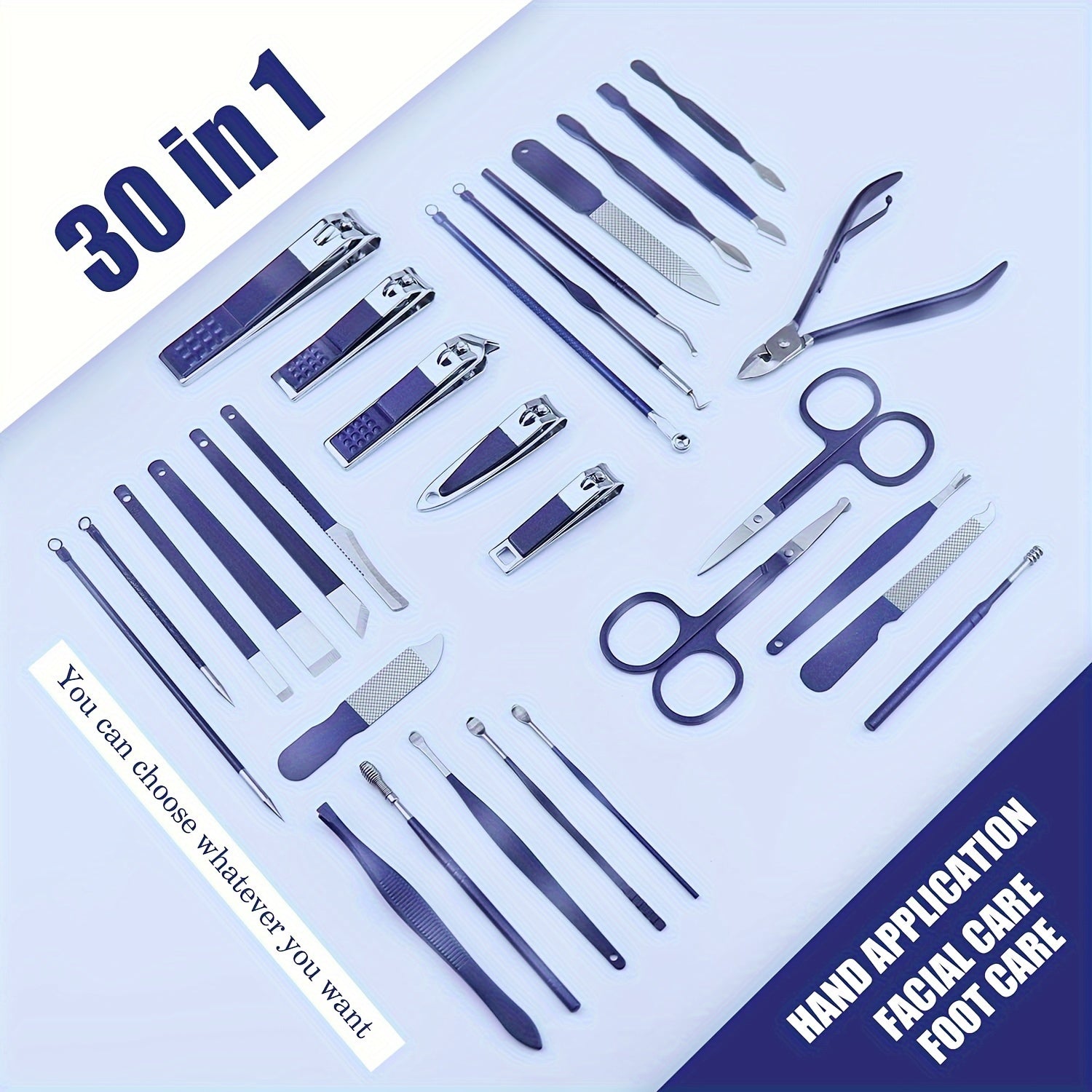 SHOWLU FASHION stainless steel manicure and pedicure kit with 30 tools including scissors, nail clippers, and cuticle pushers.