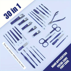 A 30-piece stainless steel manicure and pedicure grooming set arranged on a white background.
