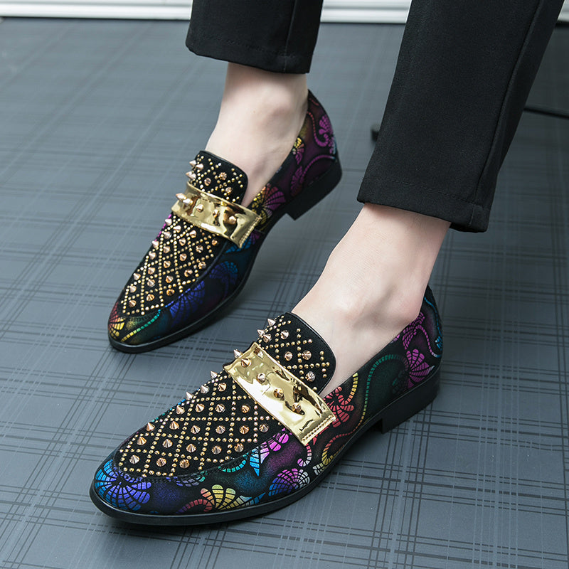 Men's SHOWLU studded loafers in formal PU leather, slip-on party shoes with stylish studded design and comfortable fit.