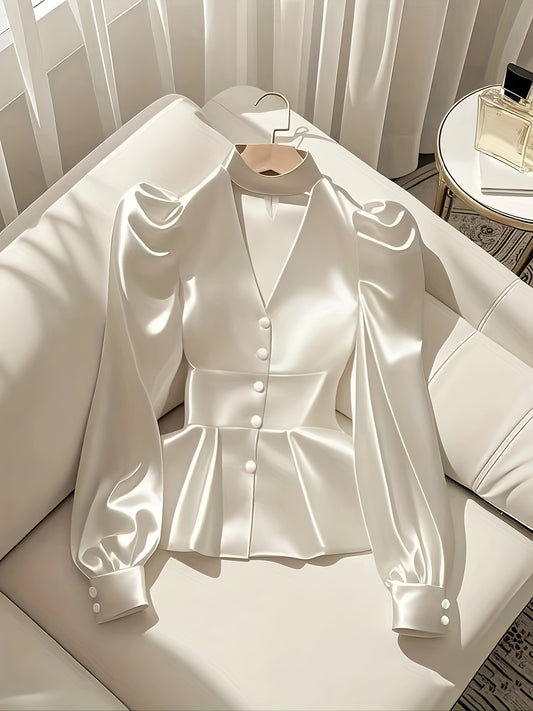 Women's Elegant Halter Neck Long Sleeve Blouse - Double Button Cuffs & Waist-Cinching Design, Luxurious Non-Stretch Fabric, Solid Color Office Work Commute Formal Attire, Spring/Autumn Versatile Professional Chic Shirt, Busin