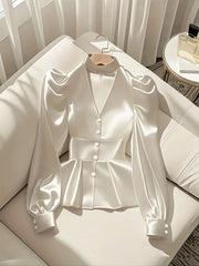 Women's Elegant Halter Neck Long Sleeve Blouse - Double Button Cuffs & Waist-Cinching Design, Luxurious Non-Stretch Fabric, Solid Color Office Work Commute Formal Attire, Spring/Autumn Versatile Professional Chic Shirt, Busin