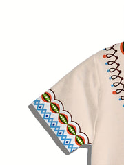 Men's African-Inspired Print T-Shirt - Soft Stretch Knit Crew Neck, White with Multicolor Tribal Pattern (Green/Blue/Red/Yellow), Machine Washable Non-See-Through Shirt for Casual, Office & Party Wear - Nigerian Style Attire