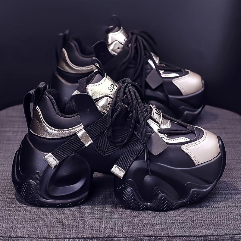 Women'S Chunky Platform Dad Sneakers - White & Pink Synthetic Cover Lace-Up Shoes with Thick Rubber Sole for Height, All-Season Comfort & Casual Style, High Top Sneakers, Comfortable Footwear, Round Toe Design, Durable Footwe