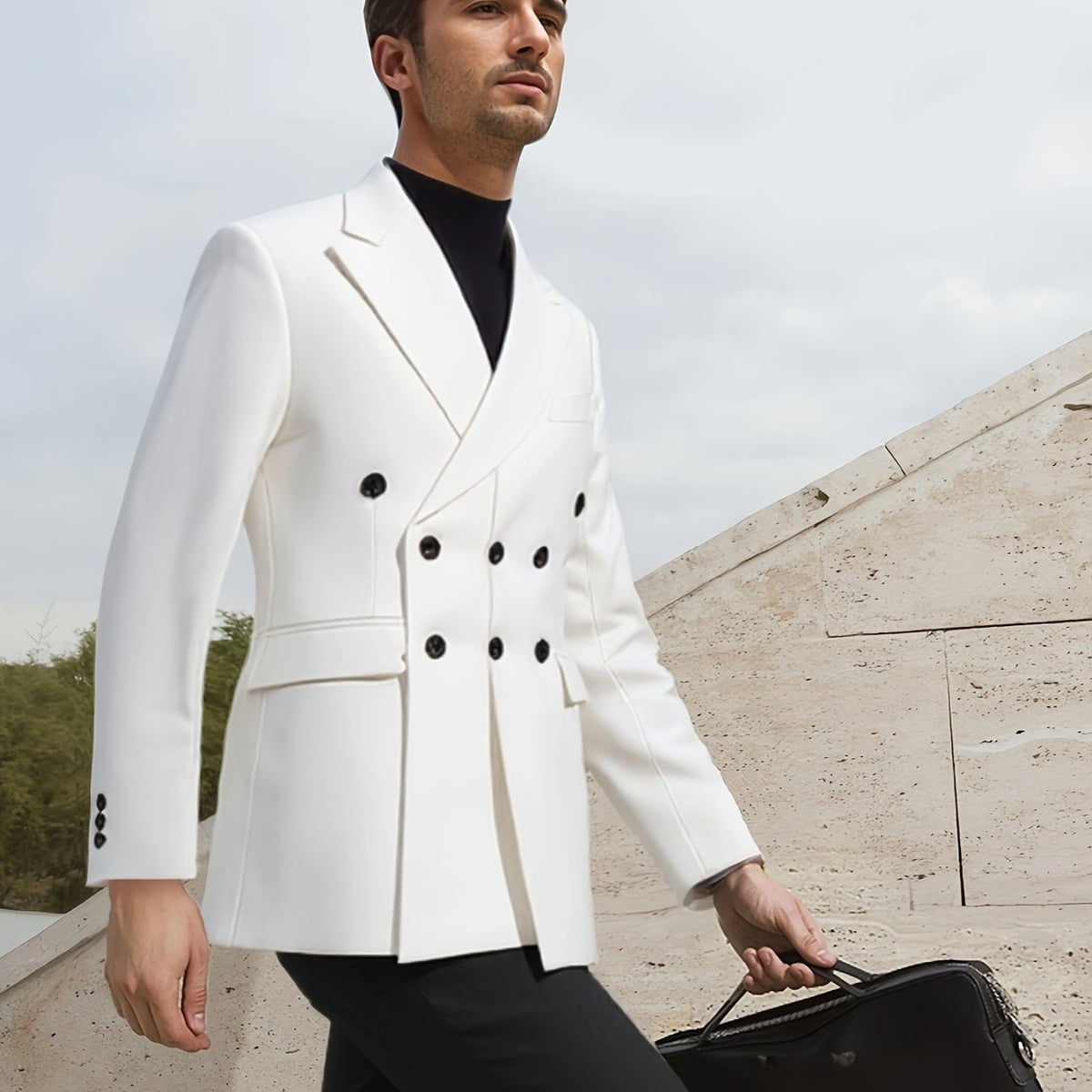 Men Fashion Solid White Groom Tuxedo Blazer Notch Lapel Triple-Breasted Multi Buttons Jacket For Wedding Business Dinner Party