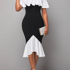 [Elegant Bodycon Dress] Stretchy Elegant Women's Bodycon Fishtail Dress | Contrast Trim Ruched Waist, Round Neck, Solid Color, Machine Washable, Tight Fitted, Versatile Outfit, Chic Style, Sleek Material