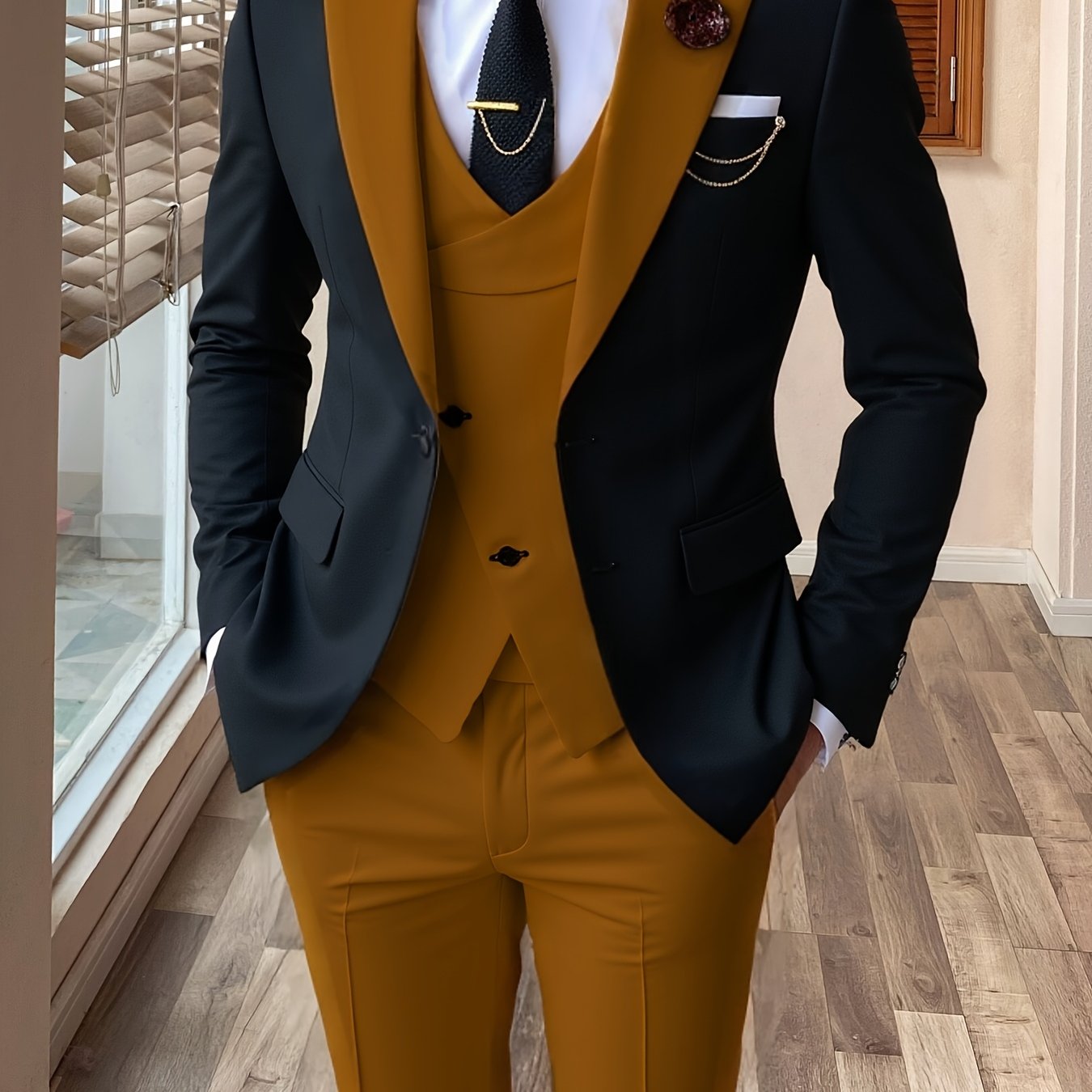 Showlu Fashion men's 3-piece color block slim fit tuxedo suit set, featuring jacket, vest, and trousers in stylish color blocks.