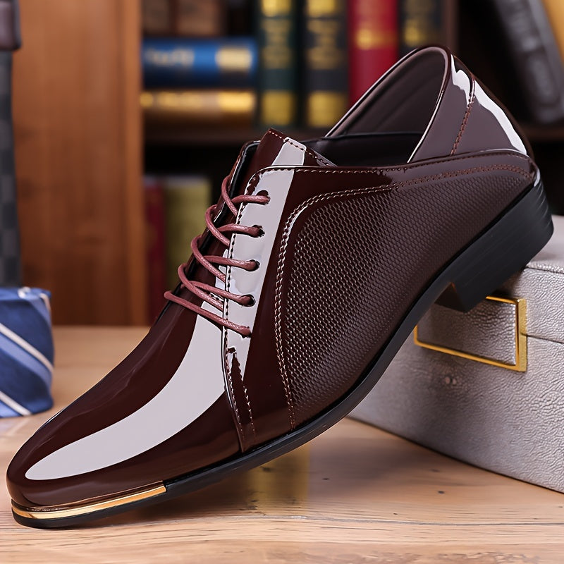 SHOWLU Men's pointed toe lace-up dress shoes in solid PU leather, stylish Oxford footwear with sleek design.