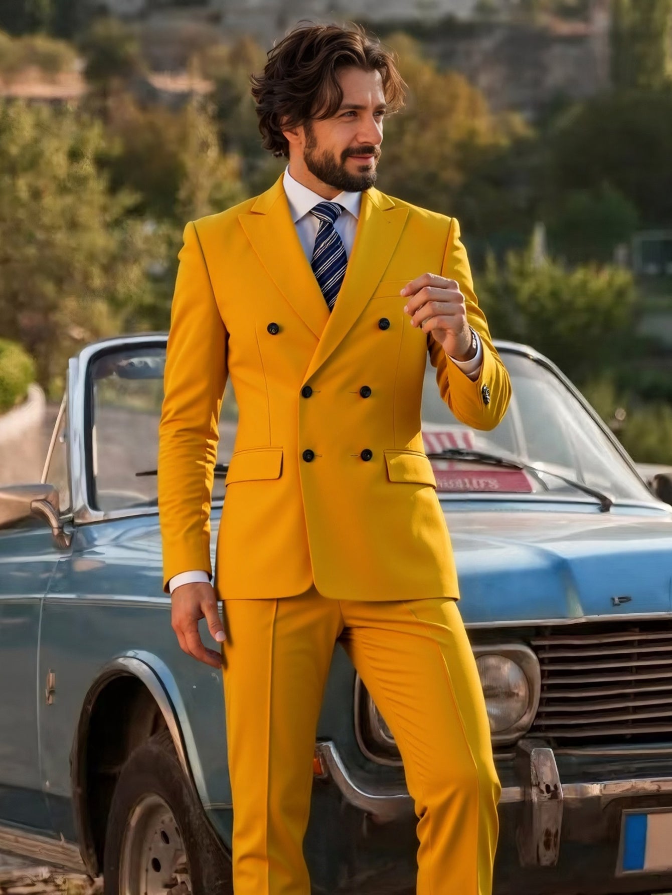 SHOWLU Men's double-breasted slim fit tuxedo suit with peak lapels, featuring tailored jacket and matching trousers for formal occasions.