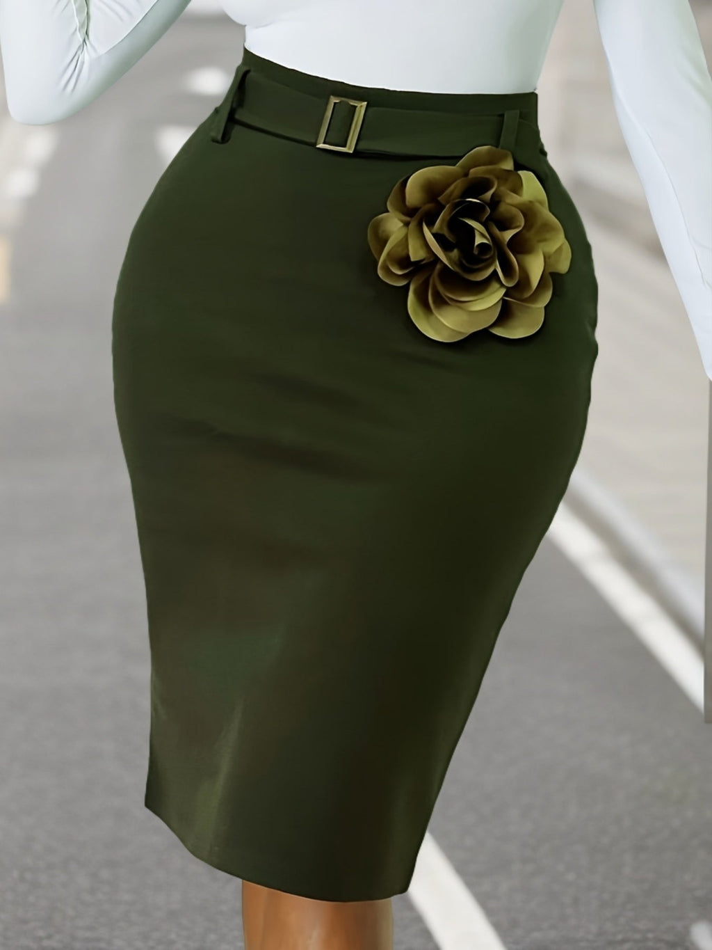 SHOWLU FASHION floral belted bodycon skirt with split back, made of jersey knit fabric, designed for a fitted and stylish look.