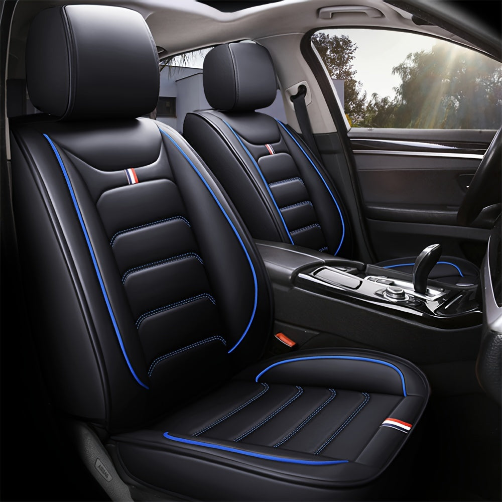 Showlu Fashion faux leather car seat covers set installed on vehicle seats, universal full set for protection and style.