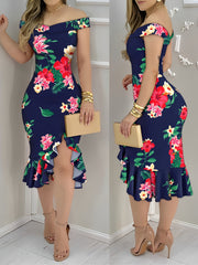 Floral Print Off Shoulder Ruffles Hem Bodycon Dress Sexy Slit Slim Fit Midi Dress