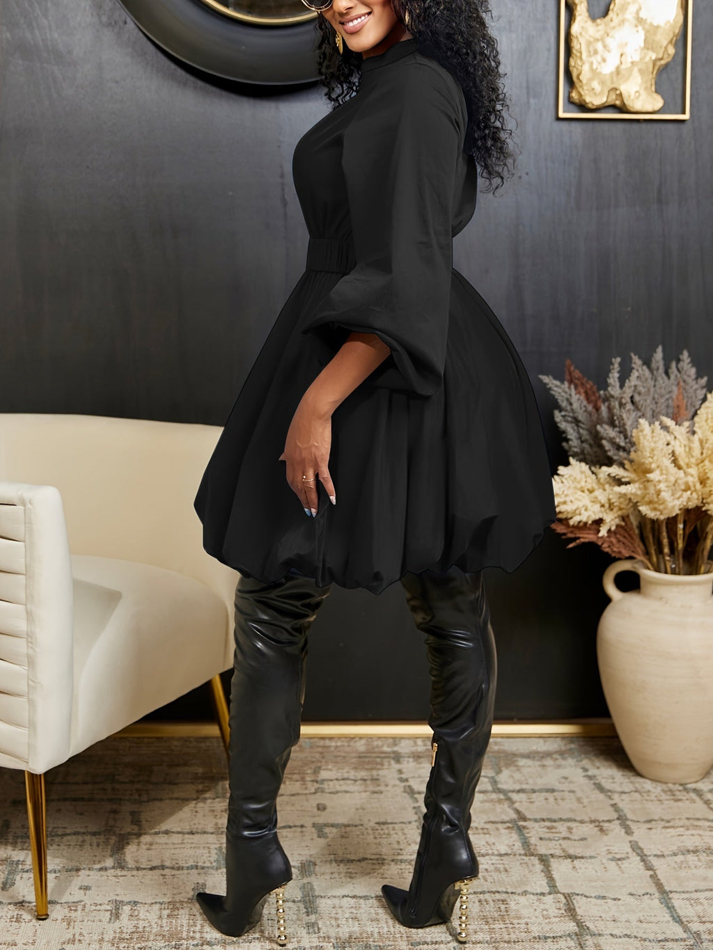SHOWLU FASHION Women's V-neck lantern sleeve solid A-line swing dress displayed on a model, featuring a stylish V-neck and flowing silhouette.