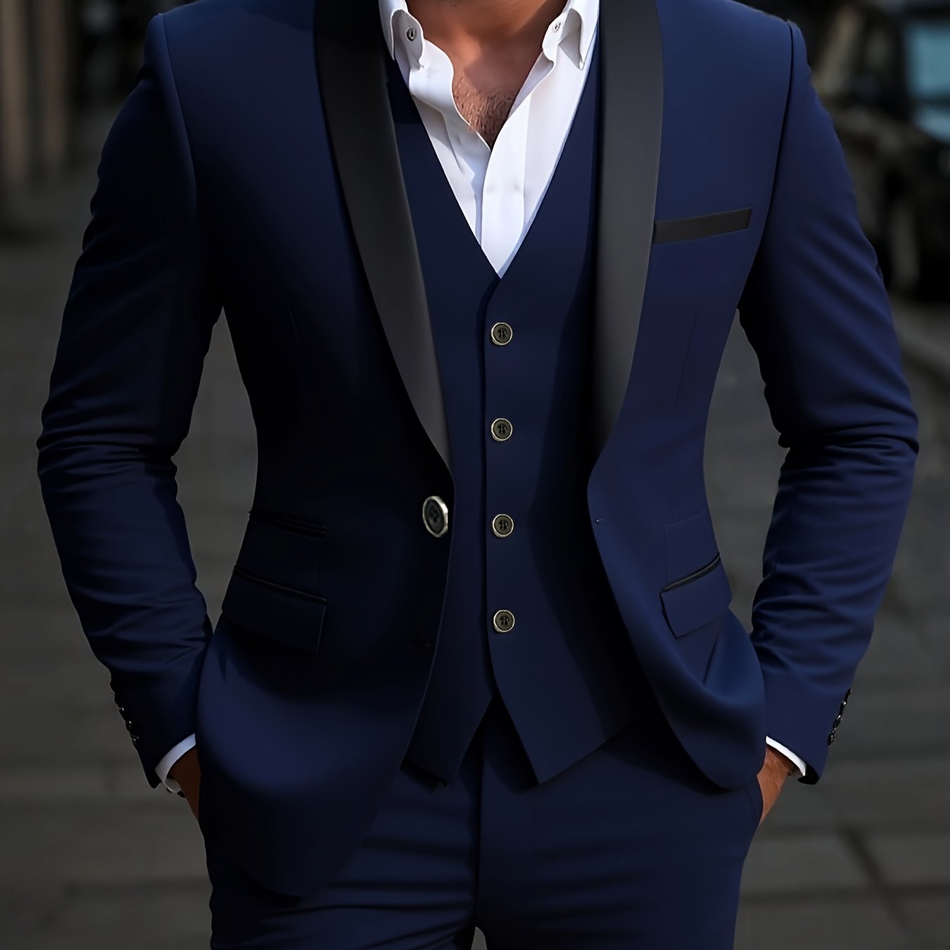 SHOWLU FASHION men's 3-piece suit with shawl collar jacket, vest, and pants, tailored for a stylish formal look.