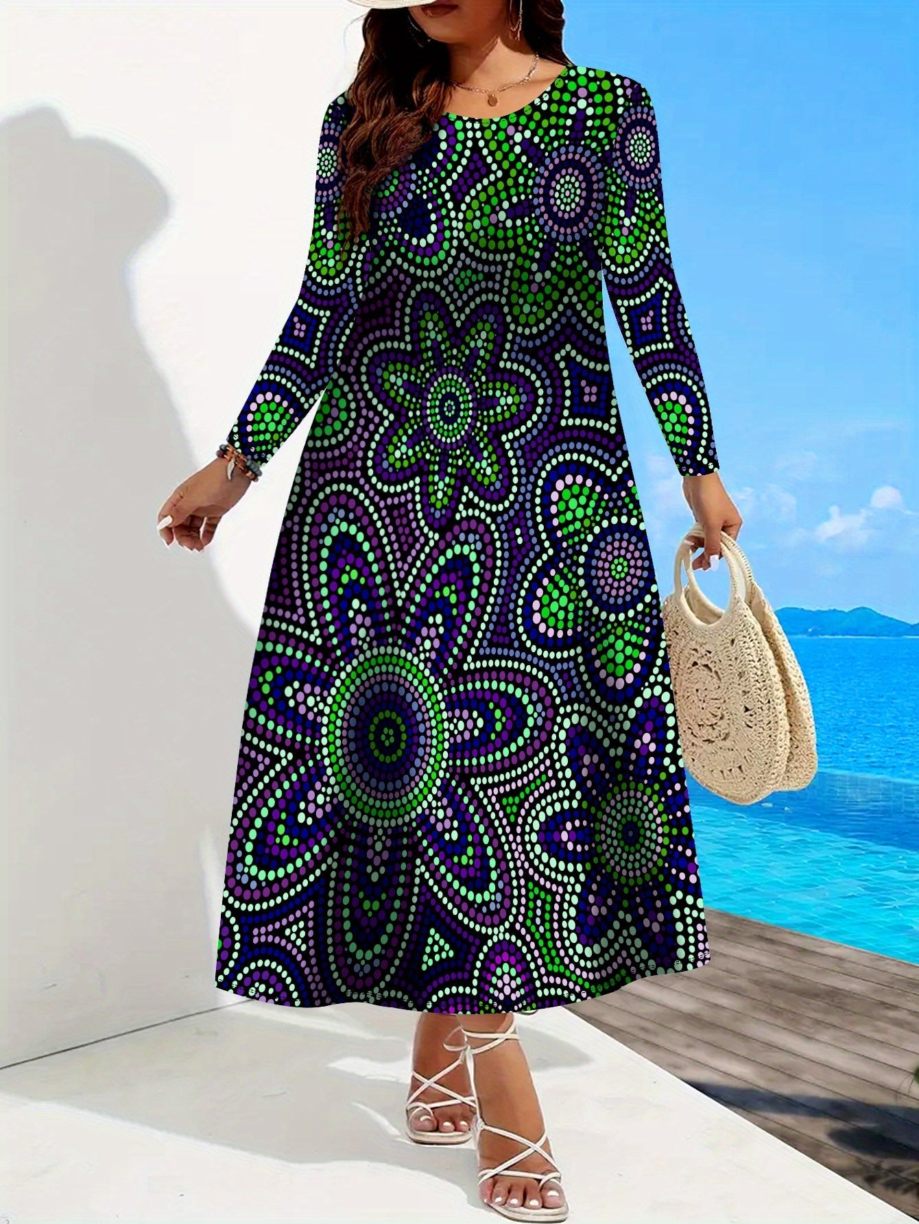 SHOWLU Women's purple and green polka dot long sleeve maxi dress with A-line silhouette, flowing fabric, and elegant design.