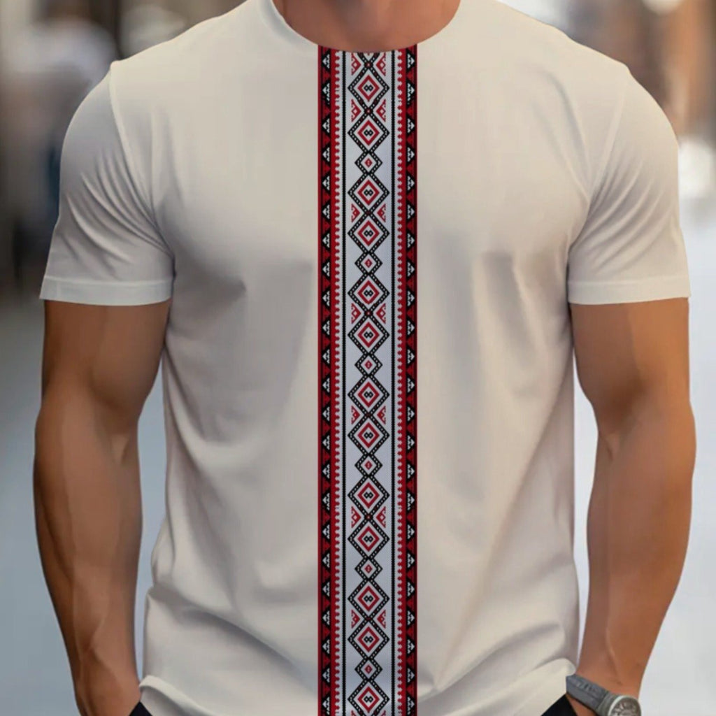 Men's SHOWLU geometric embroidery crew neck T-shirt in polyester featuring stylish pattern and modern design.