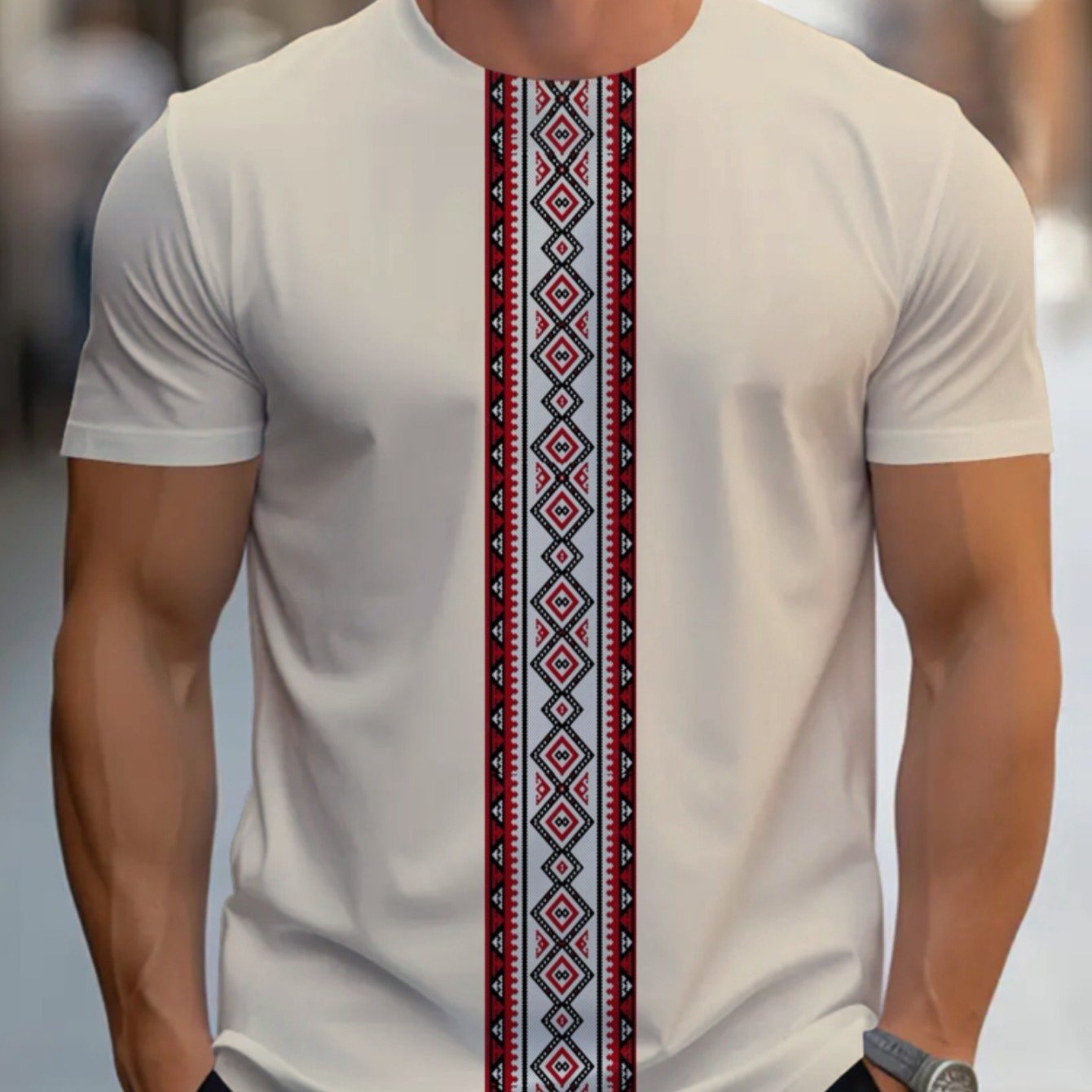 Men's SHOWLU geometric embroidery crew neck T-shirt in polyester featuring stylish pattern and modern design.