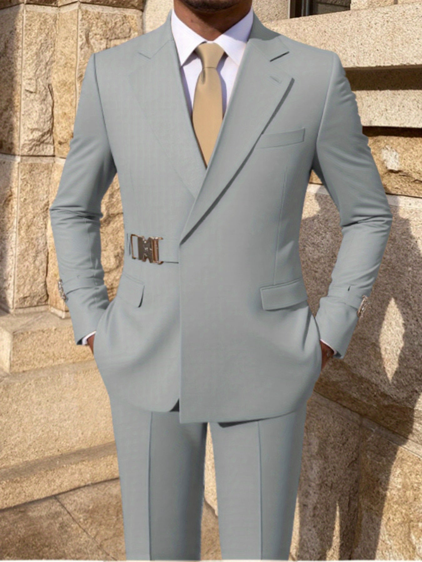 Men's 2pcs Suit Metal Belted Formal Event Party Groomsman Wedding Suit Casual Business Working suit SHOWLU FASHION STORE