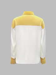 Women'S Color Block Long Sleeve Blouse with Lapel Collar and Button Front - Stylish Casual Patchwork Shirt for Casual Attire, Yellow and White, Polyester Fabric, Long Sleeve Blouse