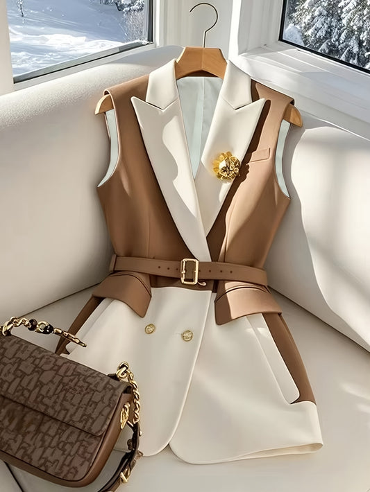 Women's Elegant Contrast Color-Block Vest - Summer Lightweight Belted Cardigan with Golden Buttons, Machine Washable Round Neck Blazer Vest for Casual & Formal Outfits, Outfit Enhancer, Structured Design, Sophisticated Tailor