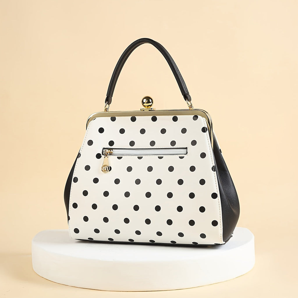 SHOWLU Polka Dot Patent Leather Handbag with Bow and Kiss Lock Closure, stylish accessory with a playful polka dot pattern and elegant design.