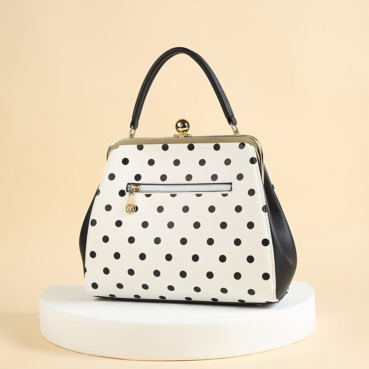 SHOWLU Polka Dot Patent Leather Handbag with Bow and Kiss Lock Closure, stylish accessory with a playful polka dot pattern and elegant design.