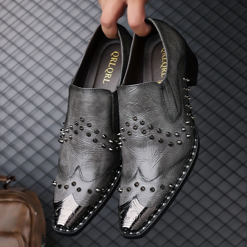 Men's pointed toe slip-on business casual shoes by Showlu Fashion, punk style PU shoes with sleek design and stylish details.