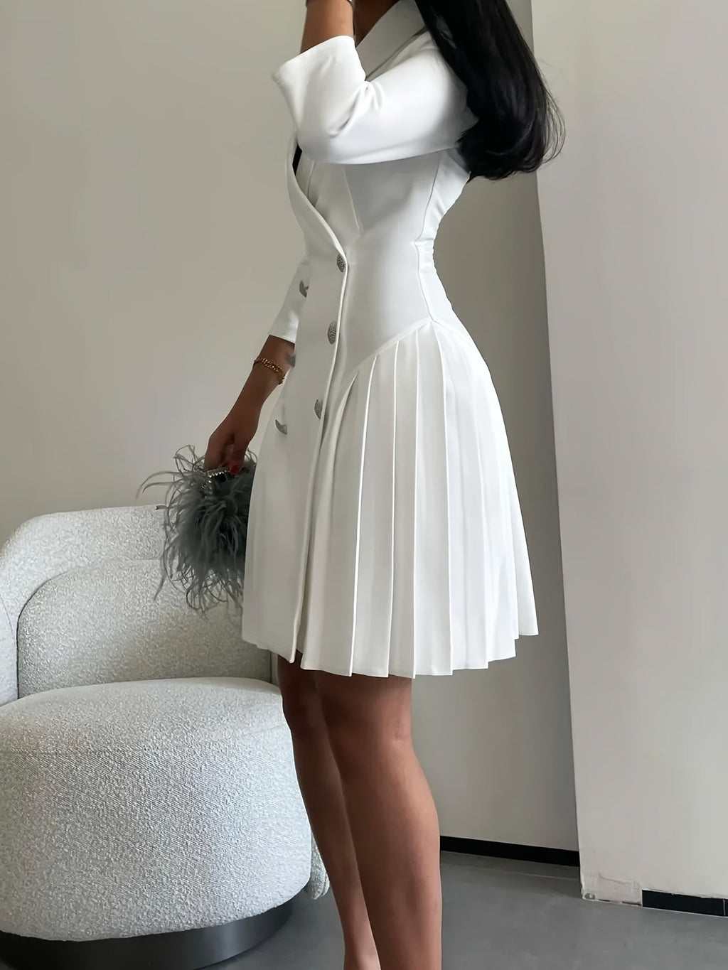 SHOWLU FASHION women's V-neck pleated A-line dress in solid color, featuring a flattering fit and elegant design.