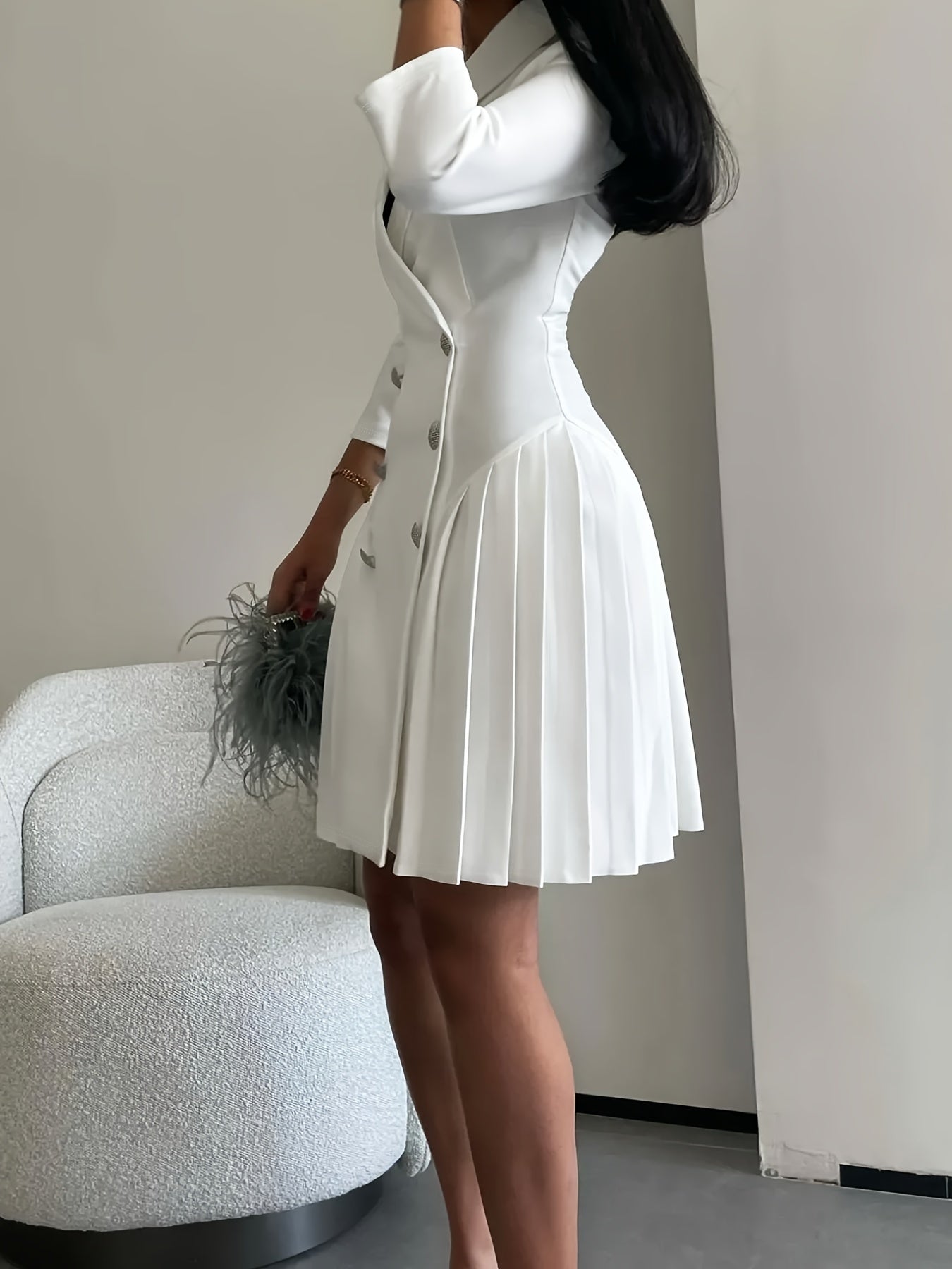 SHOWLU FASHION women's V-neck pleated A-line dress in solid color, featuring a flattering fit and elegant design.