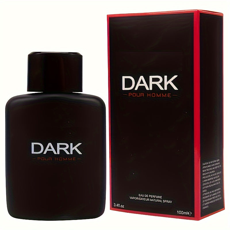 Dark Noir men's Eau de Parfum featuring lavender and lemon scent in a 3.4oz bottle, showcasing the sleek perfume packaging.