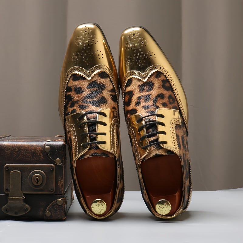 SHOWLU men's leopard print oxford dress shoes with pointed toe and brogue detailing, stylish men's footwear for formal or casual wear.