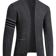 Men'S Chic Urban Knit Cardigan - Slim Fit, Long Sleeve, High-Stretch Fabric with Contrast Trim for Fall/Winter, Business Casual Outerwear