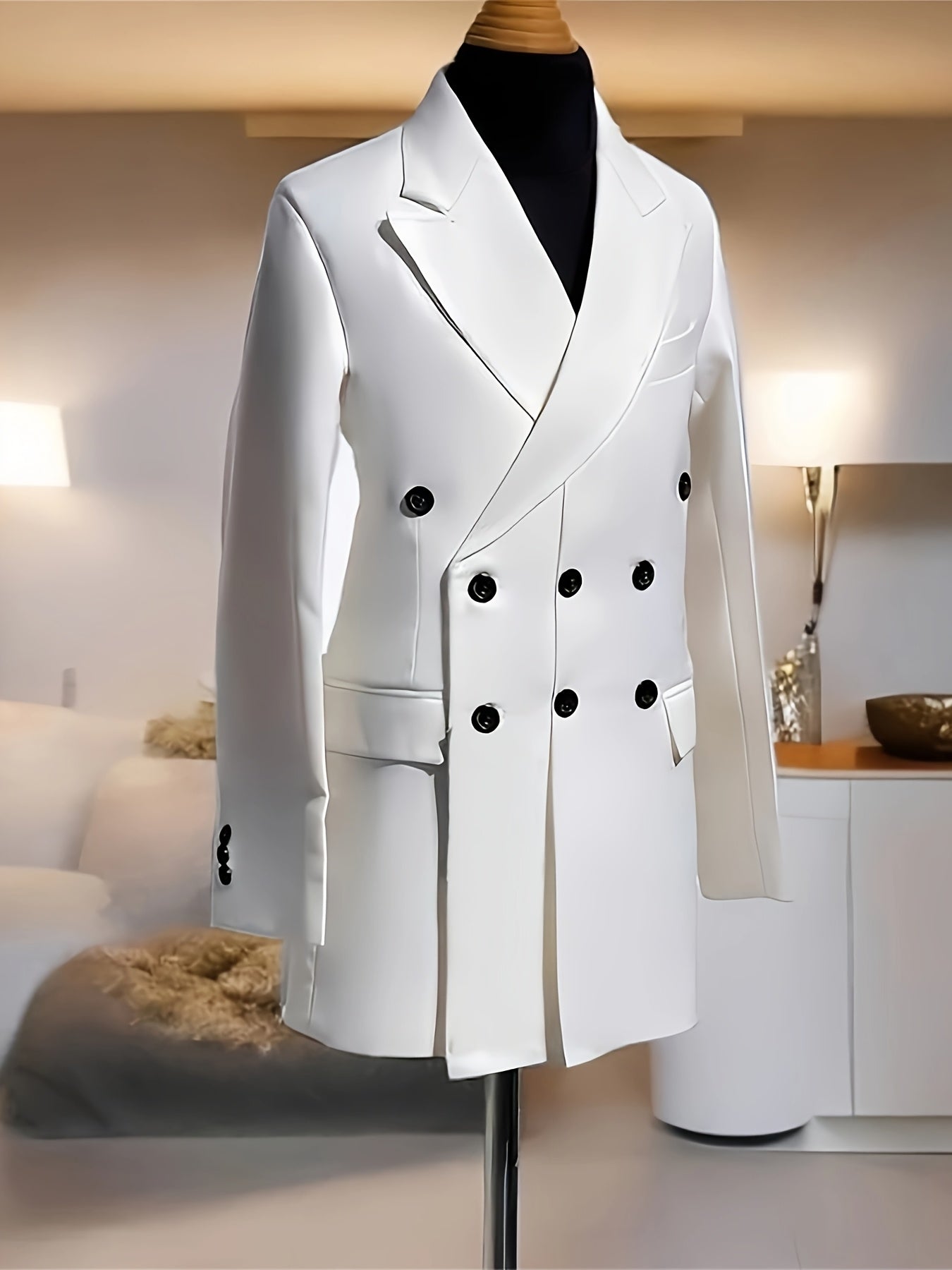 SHOWLU FASHION men's white solid tuxedo blazer, double-breasted jacket with sharp lapels and tailored fit, displayed on a hanger.