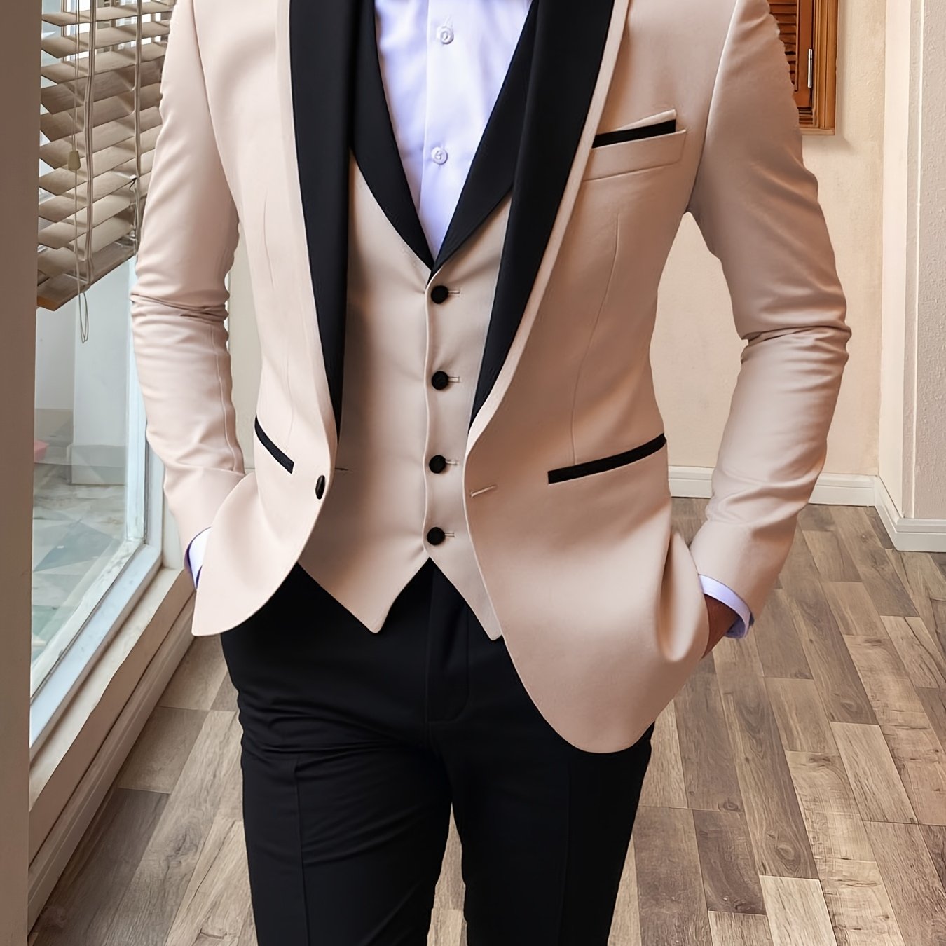SHOWLU FASHION men's 3-piece slim fit suit with shawl lapel, ideal for formal weddings, featuring a jacket, vest, and trousers.