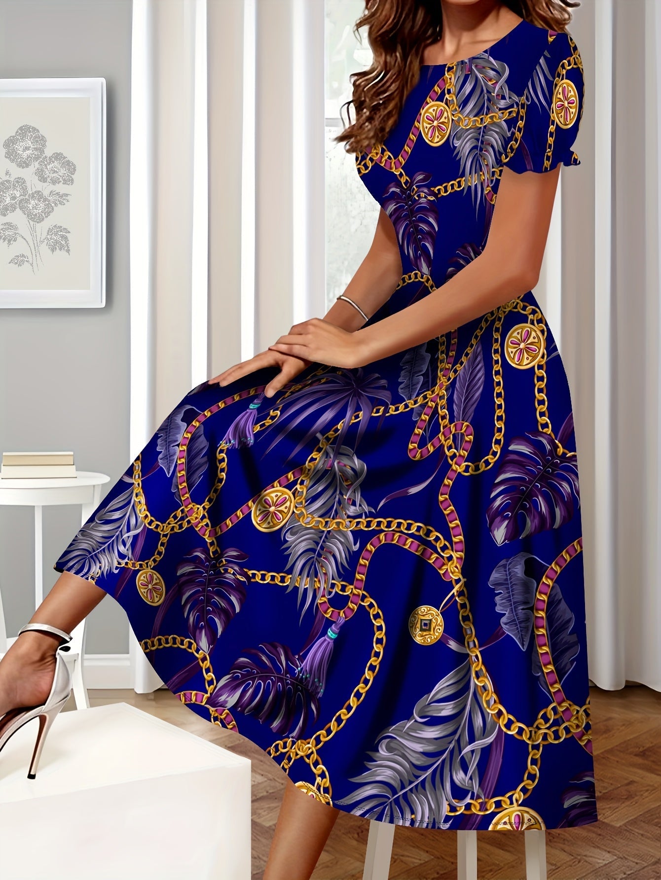 SHOWLU Women's tropical chain print A-line dress in blue and gold fabric, featuring a stylish, flowing design with tropical motifs.