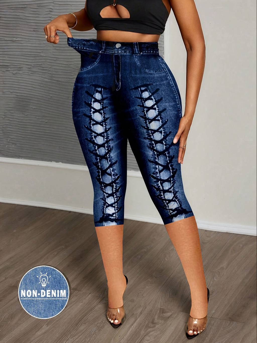 Showlu Fashion women's imitation denim print leggings, stretchy skinny pants with a denim look, designed for a stylish, comfortable fit.