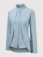 Women's Elegant Long Sleeve Blouse with Puffed Shoulders & Ruffled Cuffs - Semi-Sheer Textured Button-Up Shirt, Stack Neck Non-Stretch Top for Spring Summer Fall, Machine Washable, Seasonal Fashion, Pileated Collar, Flowing F