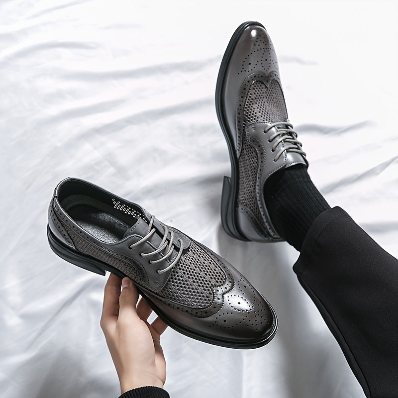 Showlu Men's hollow-out business shoes with pointed toe design, featuring breathable material and stylish footwear for formal occasions.