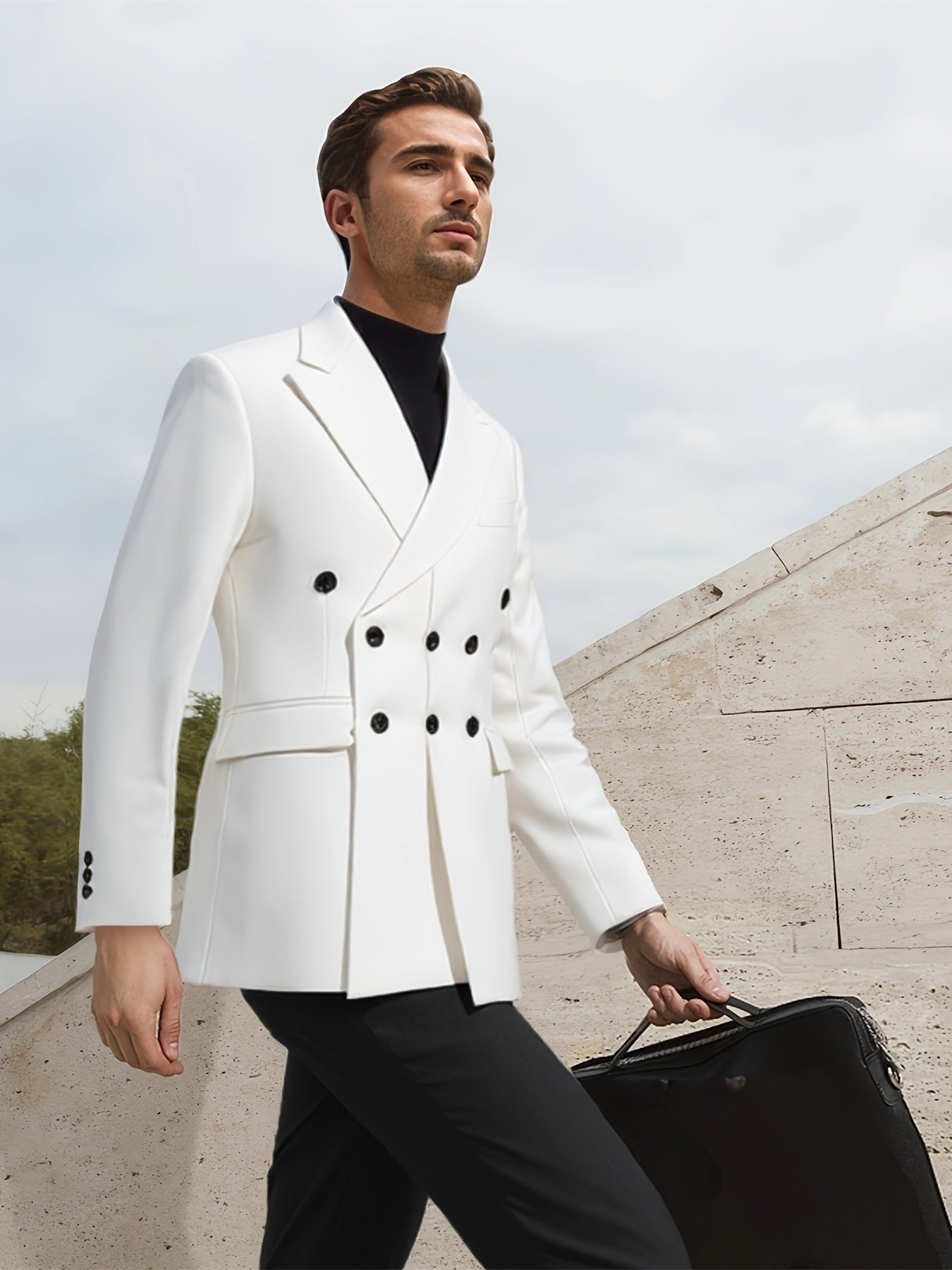 SHOWLU FASHION men's white solid tuxedo blazer, double-breasted jacket with notch lapels, tailored fit, and sleek formal style.