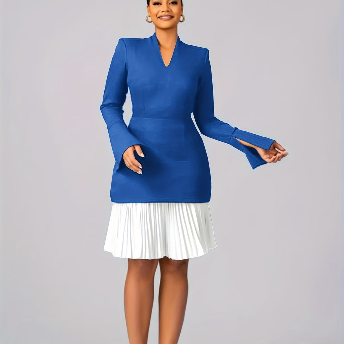 Women's Color Block Pleated Skirt - V-Neck Blue and White Two-Piece Dress, Waist-Cinched Long Sleeve Midi Workwear Flare Dress for Office Style