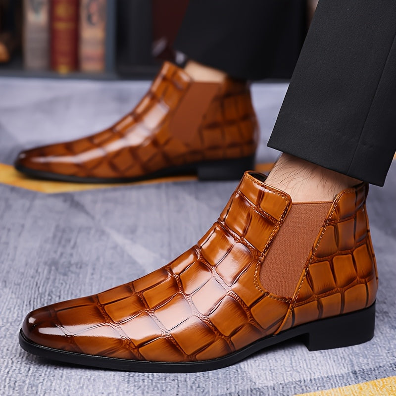 SHOWLU men's pointed toe Chelsea boots with shiny finish, formal short ankle boots, stylish and sleek for dressy occasions.