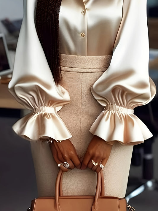 Women's Elegant Casual Shirt with Ruffled Collar & Button Front - 100% Polyester, Machine Washable, Solid Color, All-Season Versatile Top for Office & Casual Wear