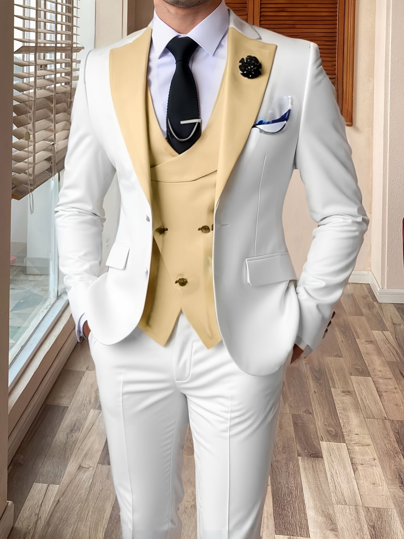 SHOWLU FASHION men's 3-piece slim fit color block wedding suit with notch lapel, tailored for formal occasions.