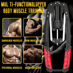A hydraulic adjustable arm trainer with red non-slip handles and a central resistance dial.