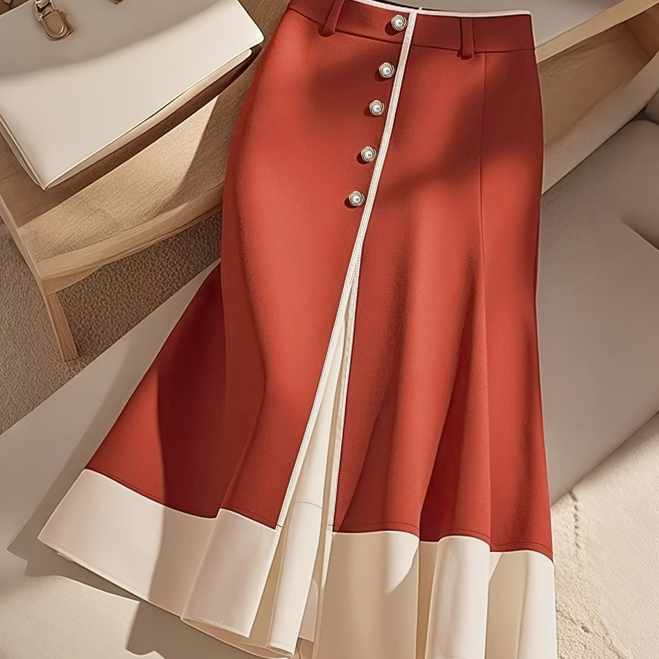 Red and white two-tone women's high-waisted side slit skirt by SHOWLU FASHION STORE, showing its stylish design and fabric details.