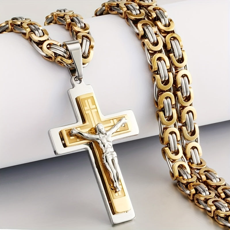 Showlu men's stainless steel trident cross pendant necklace hanging on a chain, detailed design showcasing bold jewelry style.