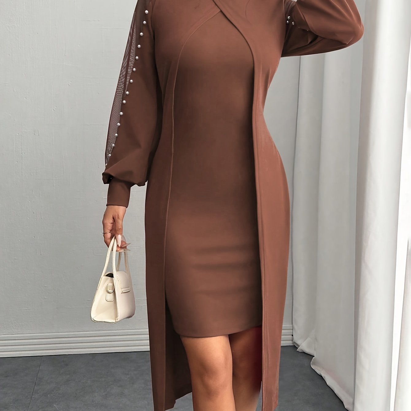 Black maxi dress for women by Showlu Fashion, elegant fitted design with a crew neckline, perfect for formal or casual occasions.