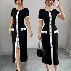 Elegant Black and White Color Block A-Line Midi Dress for Women - Casual Spring/Summer Style with Front Zipper Opening, Crew Neck, and Contrast Stitching Details, Cocktail Attire | Crew Neck Dress | Polyester Fabri