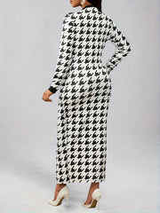 Women's Fashionable and Elegant Casual Houndstooth Pattern Long Sleeve Dress without Belt, Elegantly Targeted