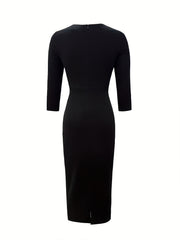 Elegant Black and White Asymmetrical Neck Bodycon Midi Dress - Stretchy, Machine Washable, Knee-Length for Office or Evening Wear, Professional Clothing, Quality Craftsmanship