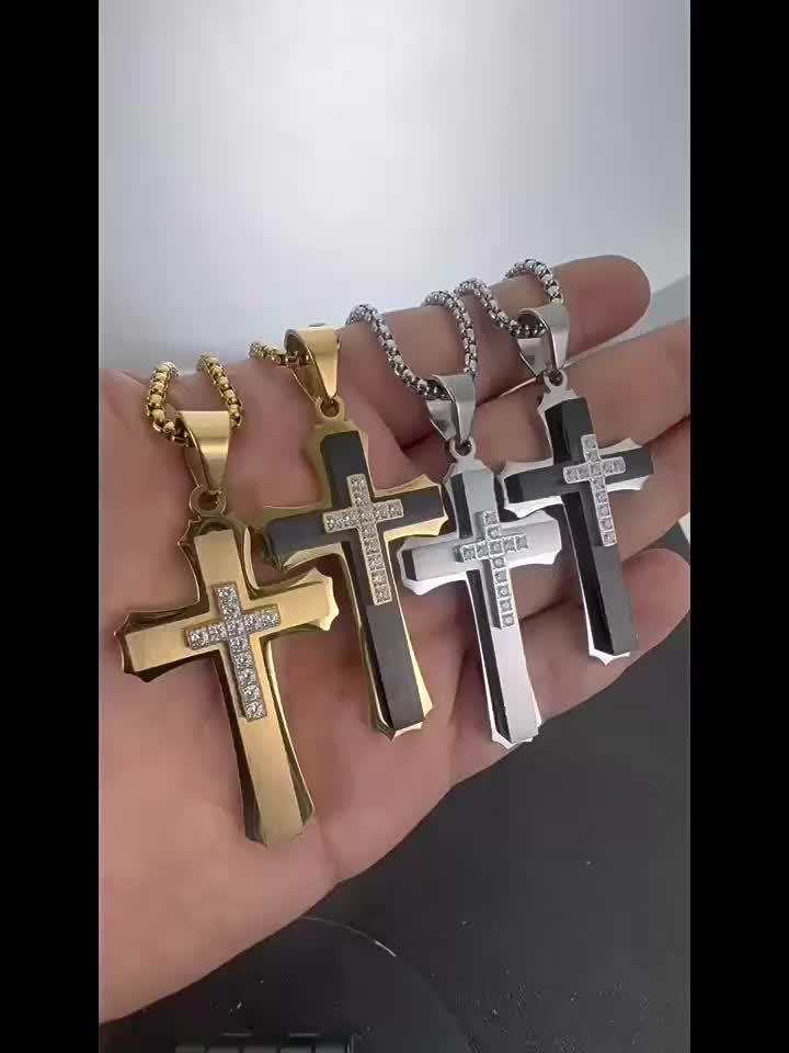 Showlu 304 stainless steel cross pendant necklace with 18K gold plating, featuring a sleek and polished design.